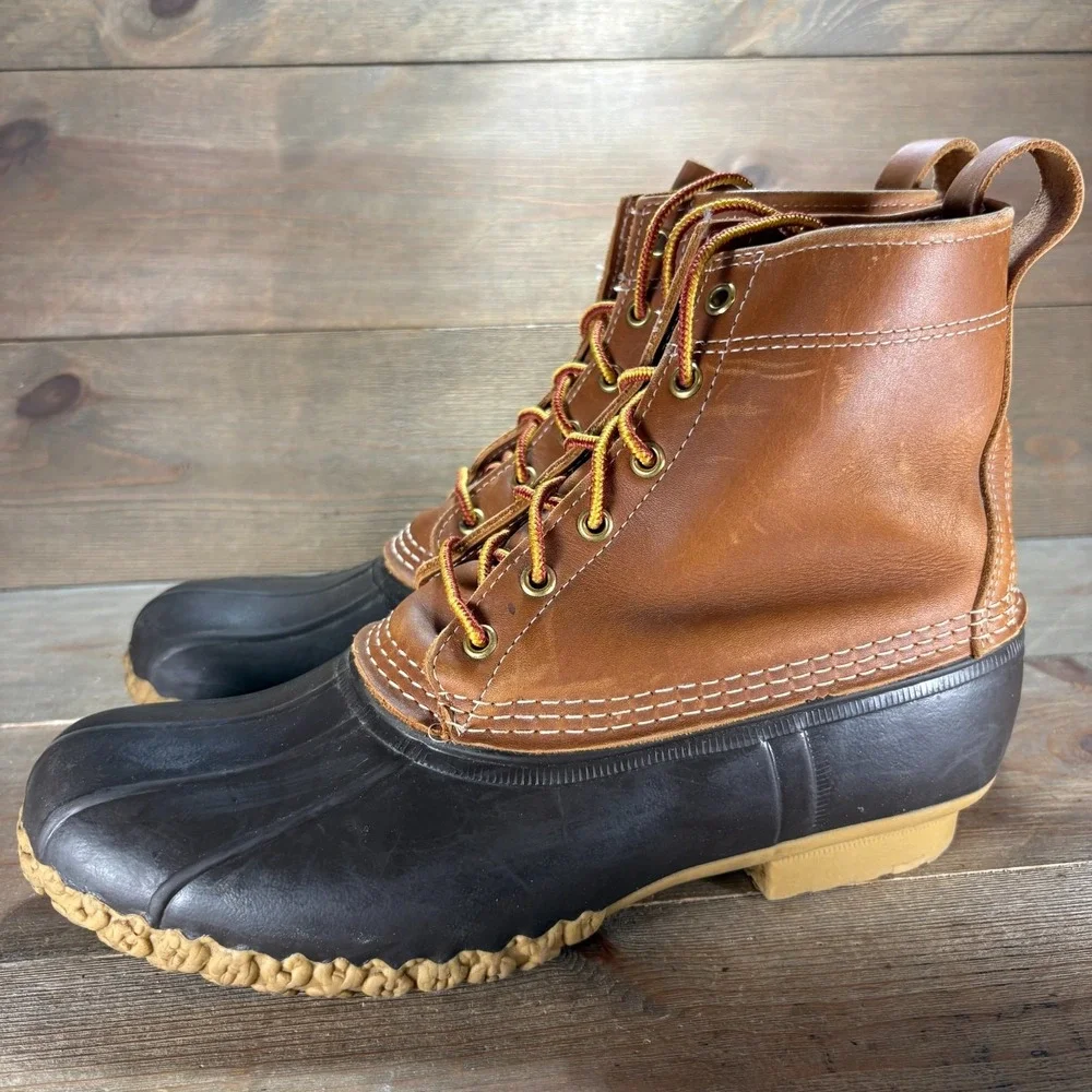 LL Bean Duck Boots Mens size 10 shoes Tan Leather Waterproof Lace Up winter rain